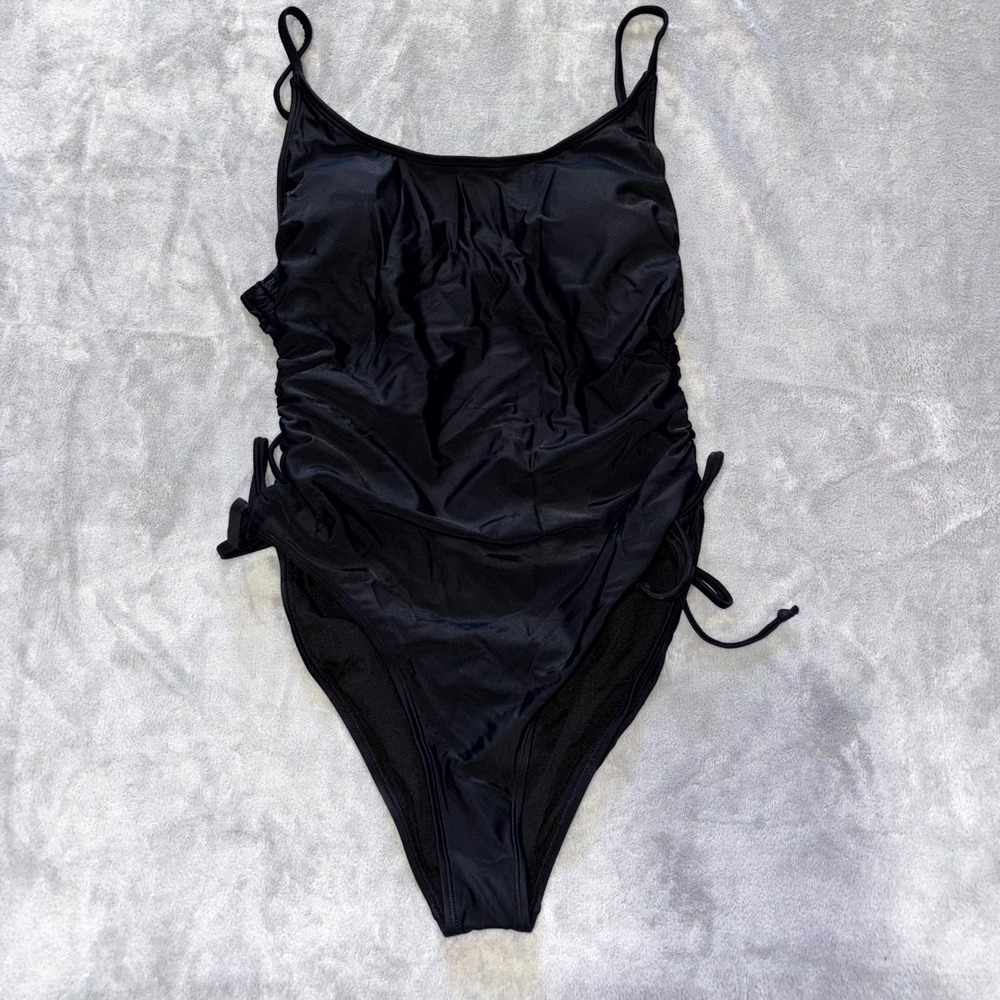 Womens Swimsuit Ruched Monokini One Piece Large Black Stretch‎ Spaghetti Straps